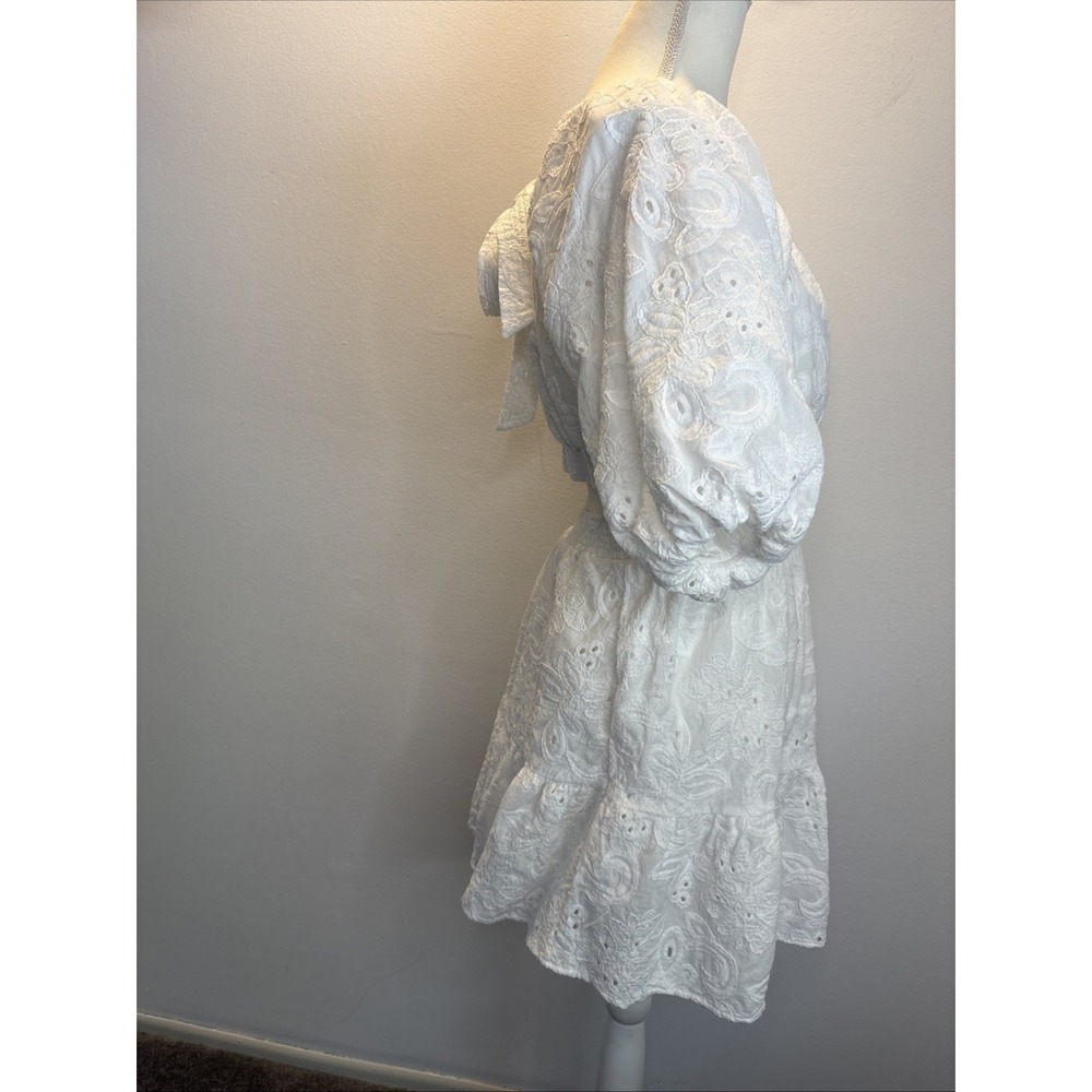 En Saison Womens Medium White Eyelet Puff-Sleeve Mini Dress Open Tie Back - Picture 4 of 9